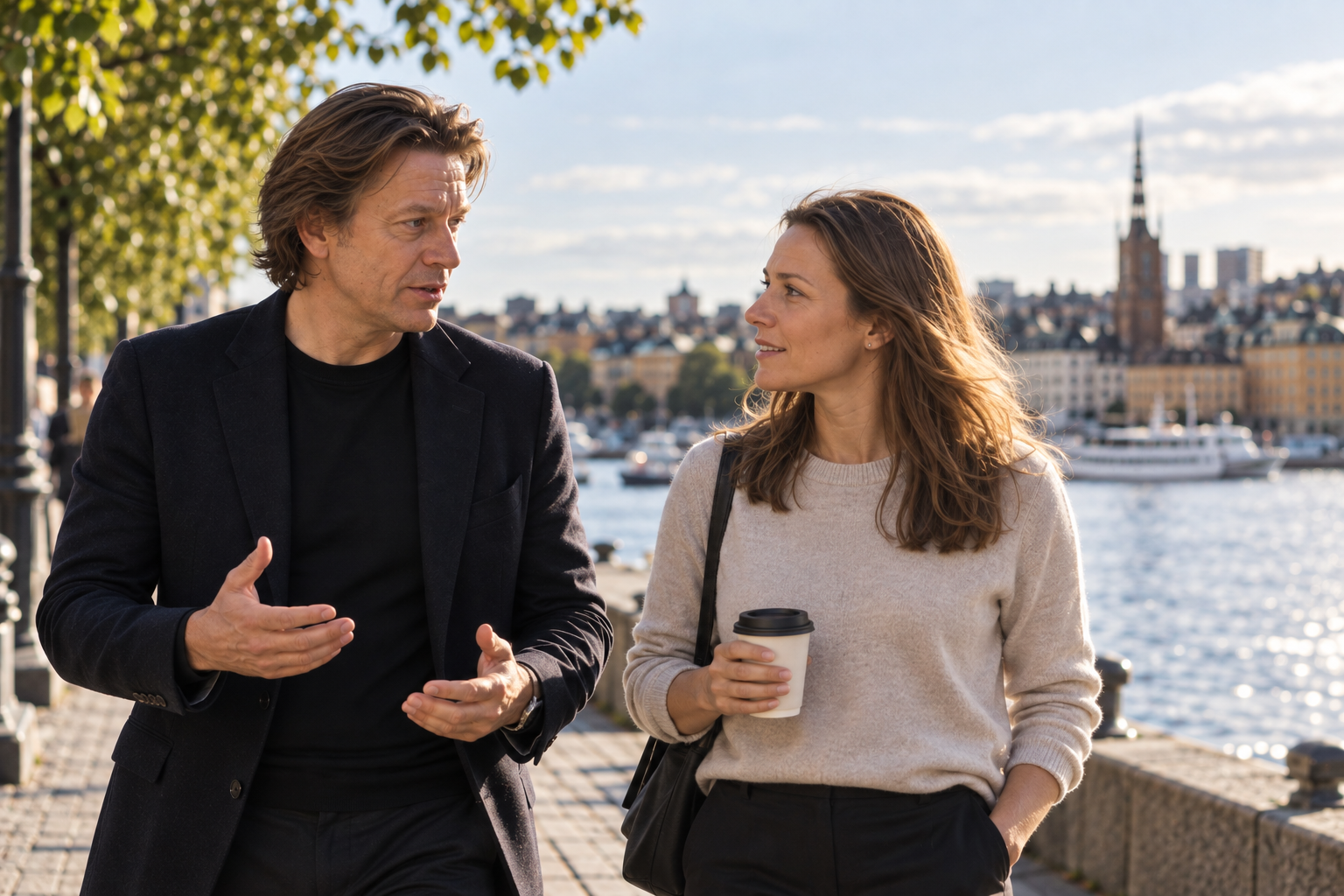 Jesper Silvanius i samtal under en promenad vid Stockholms vatten